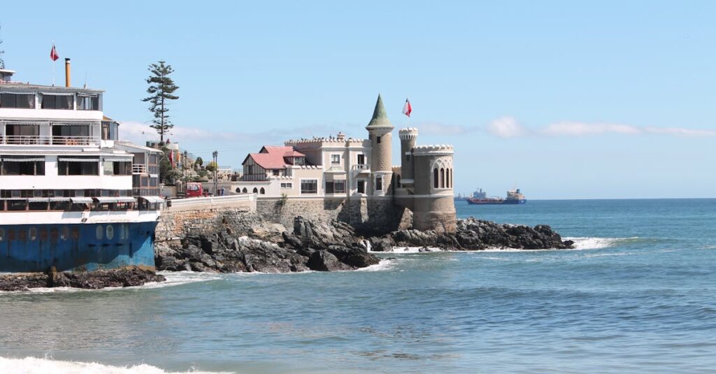 Beautiful coastal scenery featuring Wulff Castle and buildings in Viña del Mar, Chile.